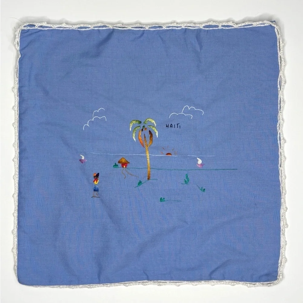 Haitian Palm Tree Tiki Hut Throw Pillow Cover Hand Embroidered Tropical Boho